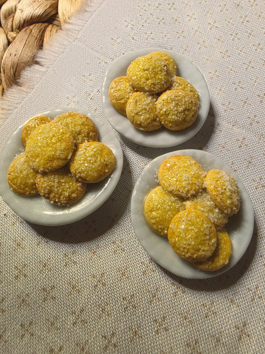 Three miniature polymer clay sugar cookie plates with sparkly sugar coating, 1:12 scale dollhouse food