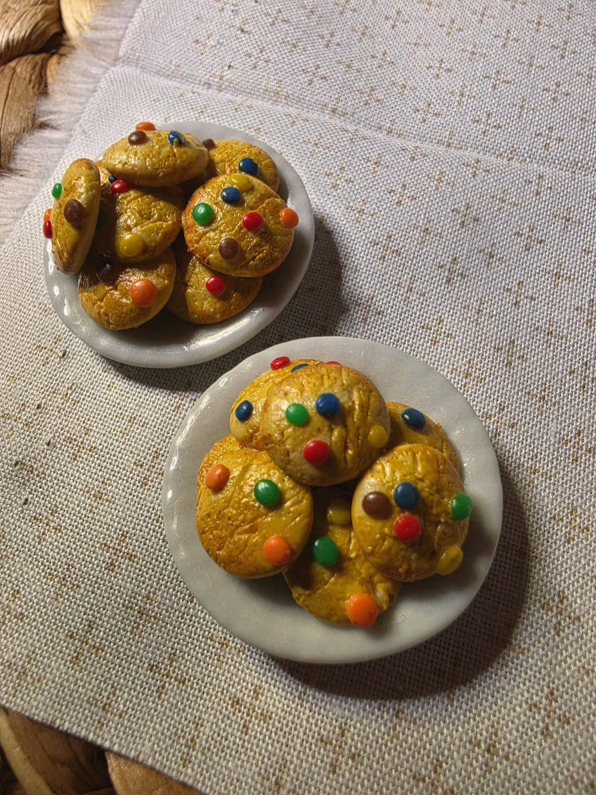Two miniature polymer clay cookie plates with candy-topped cookies, 1:12 scale dollhouse food