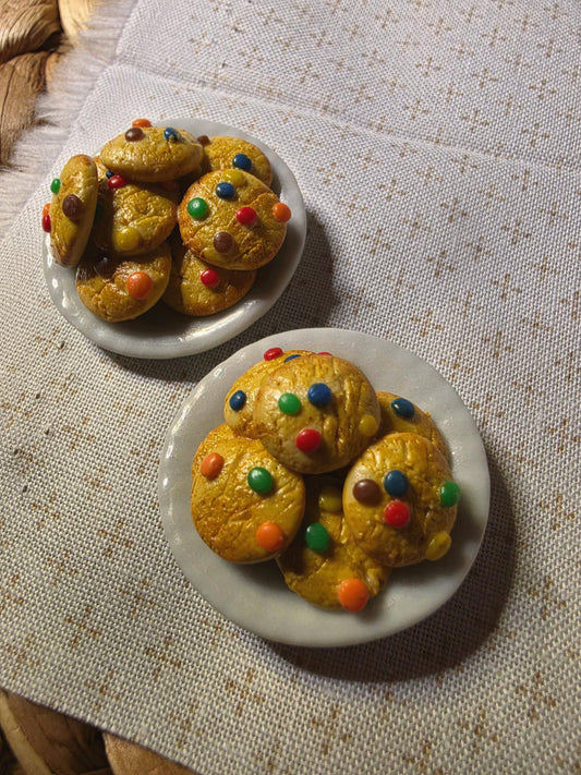 Two miniature polymer clay cookie plates with candy-topped cookies, 1:12 scale dollhouse food
