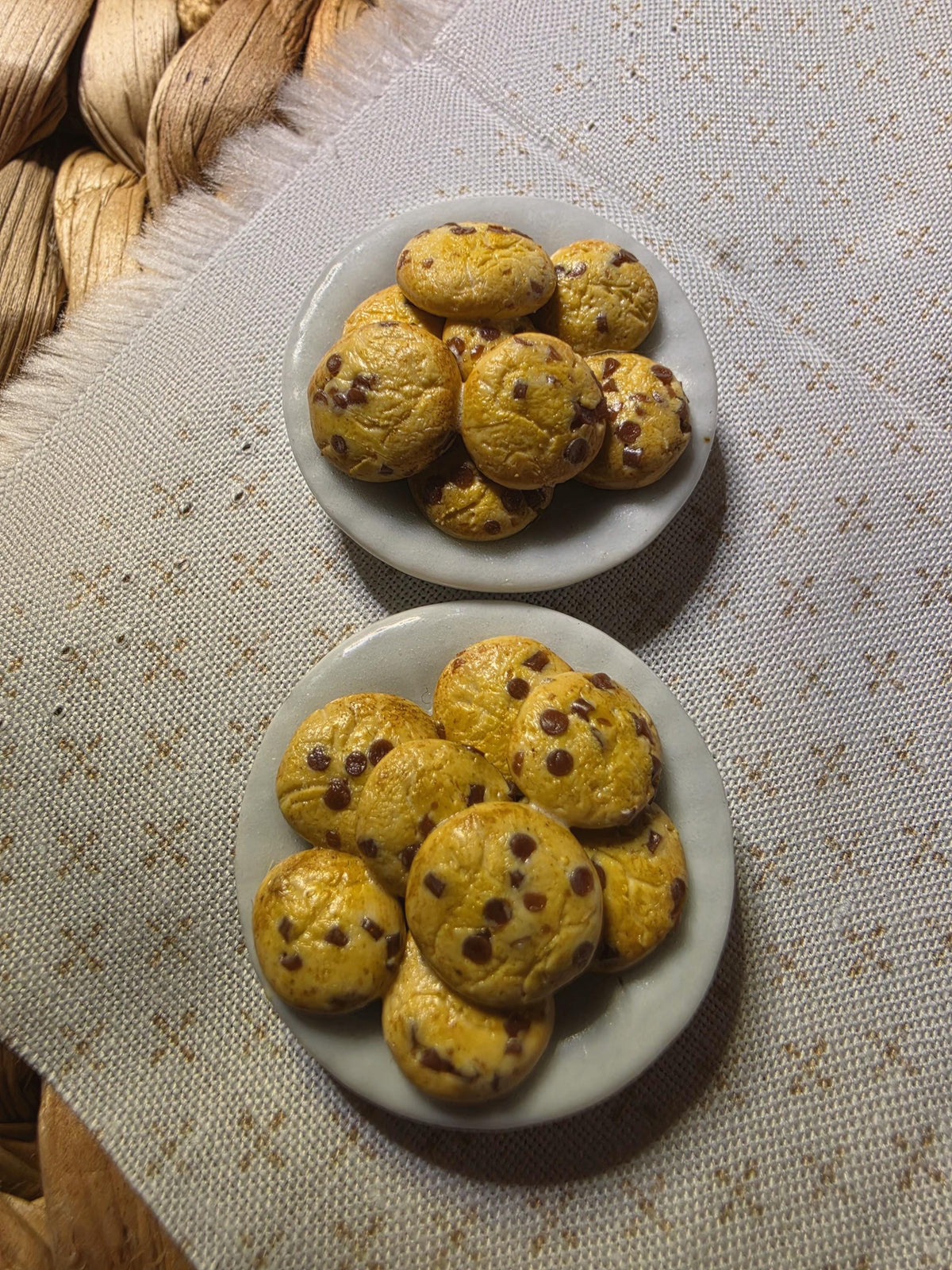 Two miniature polymer clay chocolate chip cookie plates, 1:12 scale dollhouse food