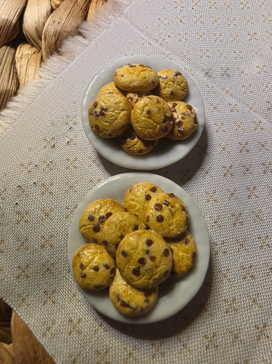Two miniature polymer clay chocolate chip cookie plates, 1:12 scale dollhouse food